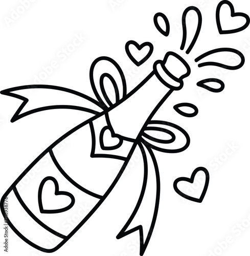 A delightful champagne bottle adorned with hearts and a ribbon is popping with festive bubbles