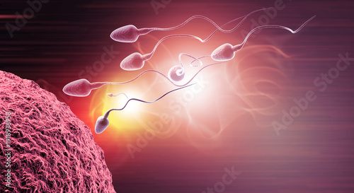 Foto A hyper-realistic 3D render of sperm cells penetrating an egg cell membrane during the biological fertilization process