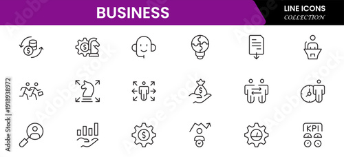 Business and Finance web icons in line style. Money, bank, contact, infographic. Icon collection. Vector illustration.
