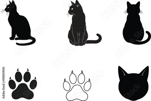 Collection of cat silhouettes and paw prints