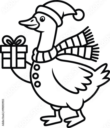 A happy cartoon waterfowl wearing a fluffy Christmas hat and striped scarf holds a festive giftbox
