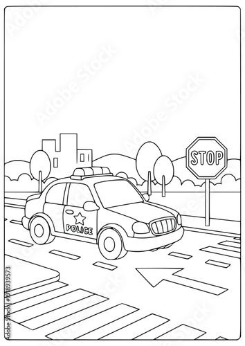  Police car coloring page for kids shows a patrol vehicle on a city street