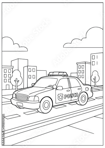 Coloring page shows a police car driving on the road for children to paint