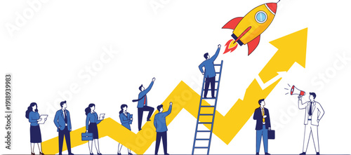 Business team working together to launch a rocket on a rising yellow arrow graph representing financial growth startup success and professional achievement.