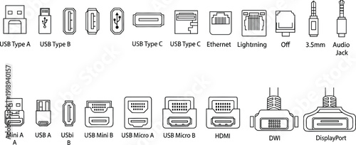 Comprehensive vector line icon set of various computer port connectors including USB Type A Type C HDMI Ethernet Lightning DisplayPort and audio jack.