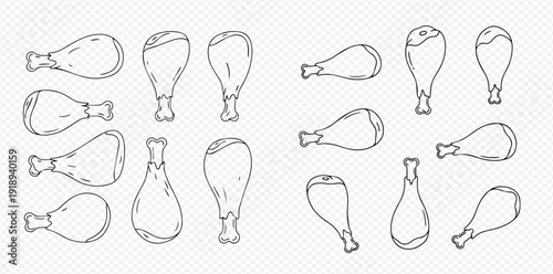 Set of hand-drawn chicken legs and drumsticks, outline illustrations on transparent background, perfect for food-related designs.