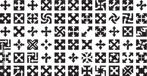 Abstract Geometric Arrow and Cross Symbol Set - Black and White Expand, Minimize, and Directional Icons Collection