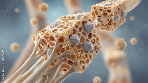 Intricate 3D Visualization of Bone Tissue with Cellular Structure and Microscopic Detail in Natural Lighting