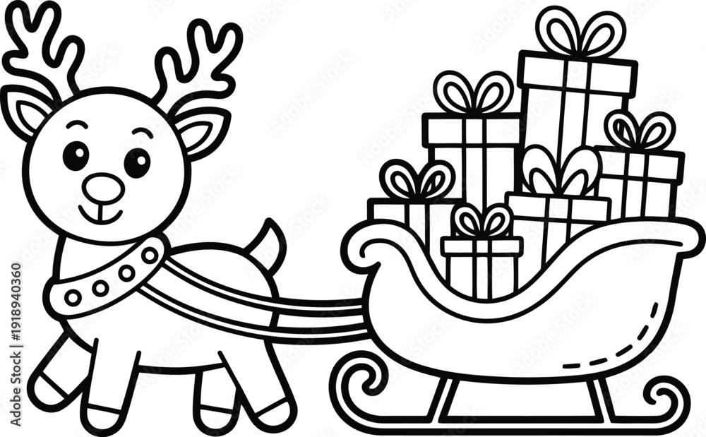 Fototapeta premium Cheerful cartoon reindeer pulling a festive sleigh loaded with multiple wrapped gift packages