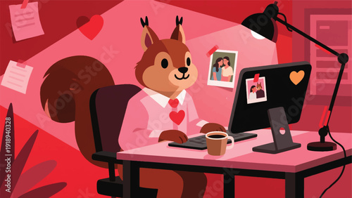 Illustration Of A Squirrel Wearing An Office Shirt, Working Overtime At A Desk With A Laptop And Coffee, A Photo Of A Couple Stuck To The Monitor Vector Design Template