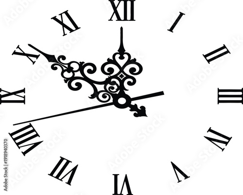 Elegant vintage clock face vector illustration with black Roman numerals and ornate decorative filigree hands isolated on a white background.