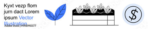 Sustainability, agriculture, economy, organic farming, growth, investment. A blue leaf, a plant bed with sprouts and a money sign icon. Sustainability and agriculture concepts