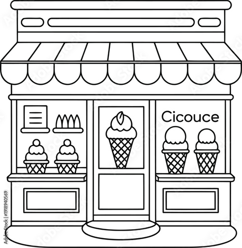 Detailed line illustration of a quaint ice cream shop front displaying various frozen desserts