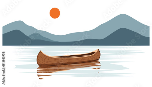 Minimalist nature landscape vector illustration with a wooden canoe floating on a calm lake at sunset with blue mountains and orange sun background.