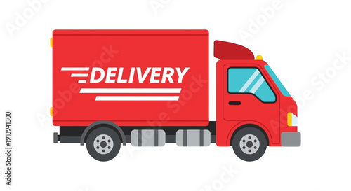 Simplified illustration of a vibrant red delivery truck moving quickly for fast logistics service