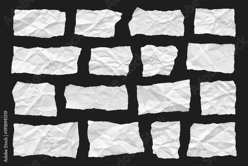 Crumpled white paper piece set isolated on black background. Ripped torn paper scrap texture collection