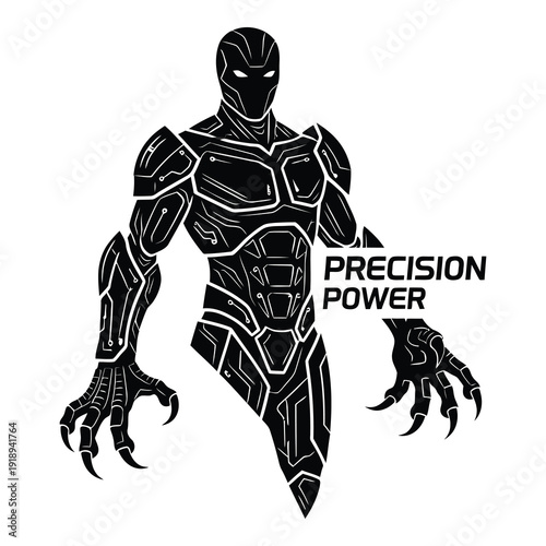 Futuristic black panther robot with precision power text isolated on white background