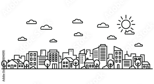 Simple black and white line art illustration depicting a sunny city skyline blending with suburban houses