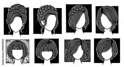 Collection of Diverse Hairstyles Illustrated in Black and White.