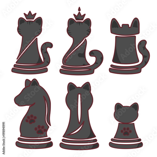 Black cat chess pieces icon set for board game design
