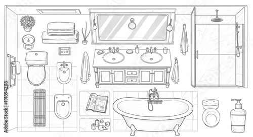 Elegant Bathroom Design Elements Sketch.