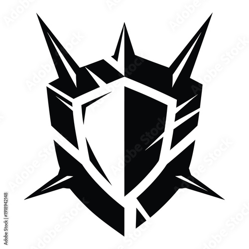 Black futuristic shield with sharp metal spikes isolated on white background