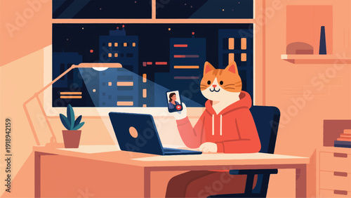 Illustration Of A Cat Wearing A Hoodie, Making A Video Call On A Laptop, At A Work Desk, At Night With City Lights In The Window Vector Design Template
