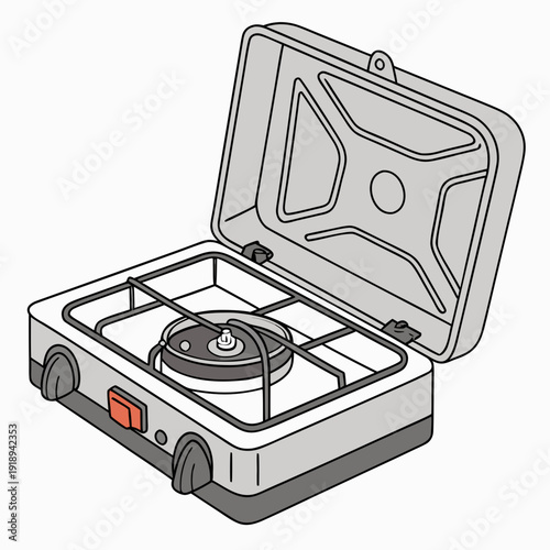 Portable camping stove open for use, simple isometric vector illustration.
