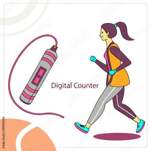 Illustration of a woman jogging next to a digital jump rope with a counter, representing fitness and healthy living. Stylized drawing with pastel colors.