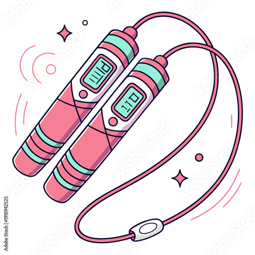 Vibrant illustration of a pink and teal digital jump rope with sparkling stars and radiating circles, perfect for fitness apps and workout content.