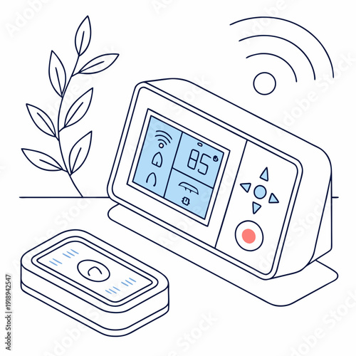 Smart thermostat and remote control device, line art illustration on a light background with a branch accent. Featuring digital display and wireless signals.