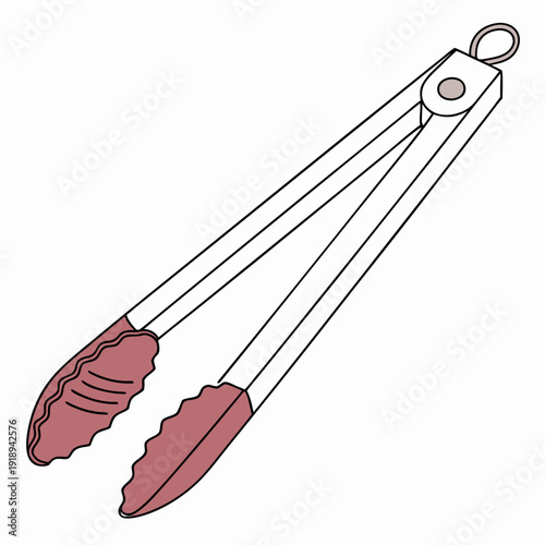 Minimalist illustration of a pair of kitchen tongs with reddish-brown silicone grips, perfect for cooking and serving.