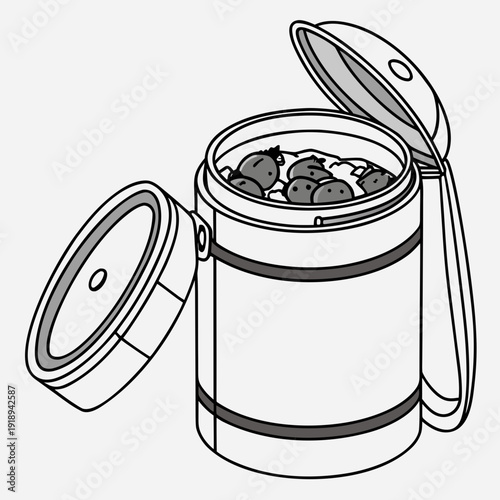 Simple line art illustration of an open food thermos container filled with food, ready for transport or storage.