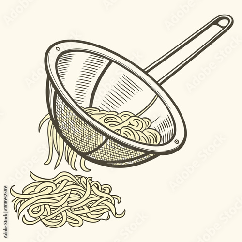 Engraved illustration of a sieve-like colander draining golden spaghetti, showing water flowing away from the pasta.