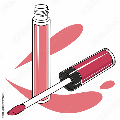 Pink Lip Gloss Tube with Applicator and Abstract Swirls, Vector Illustration for Beauty and Cosmetics