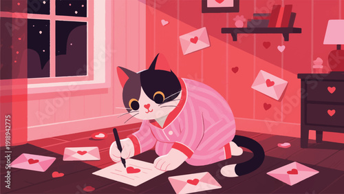 Illustration Of A Cat Wearing Pajamas, Writing A Love Letter By Hand On The Bedroom Floor, Surrounded By Envelopes And Heart Stickers Vector Design Template