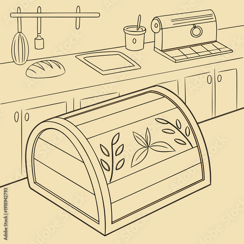 Retro kitchen counter with bread bin, loaf of bread, and utensils in a charming line art style