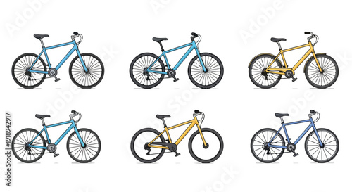 Six colorful mountain bikes arranged in two rows on a plain white background in a product showcase style with a focus on transportation and outdoor recreation.