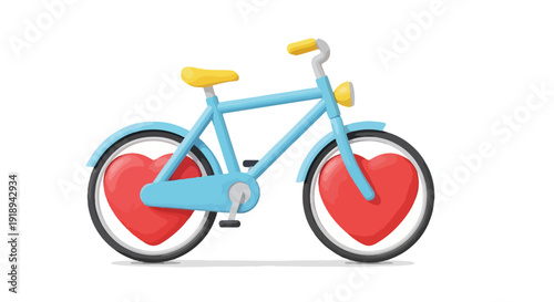 Illustration of a blue bicycle with red heart-shaped wheels and yellow accents on a white background.
