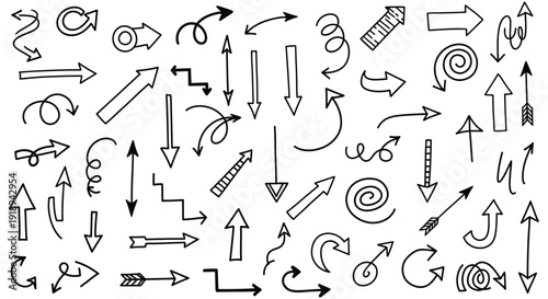 Collection of hand-drawn doodle arrows showcasing various directions and abstract movement styles