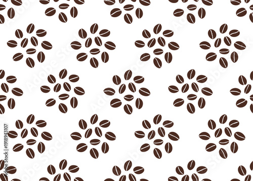 Seamless texture of clustered brown coffee beans on white background repeating pattern