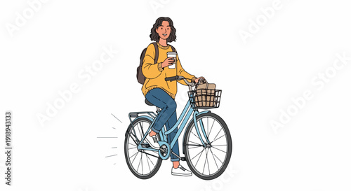 Illustration of a woman riding a bicycle with a basket and backpack in a casual outfit on a white background.