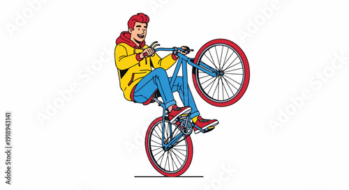 A cartoon man in a yellow jacket performing a wheelie on a blue bicycle with red wheels against a white background.