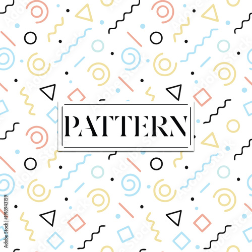 Abstract geometric pattern with multicolored shapes and wavy lines on white background with centered text box