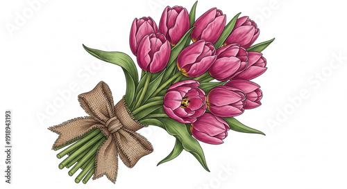 Bouquet of pink tulips with green leaves tied with burlap ribbon on white background floral arrangement spring flowers gift decoration