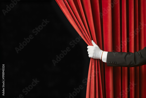 Hand in white glove pulling open red theater curtain revealing black background opening