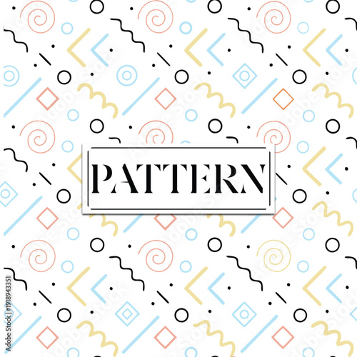 Colorful abstract geometric pattern with swirls zigzags circles and diagonal lines on white background