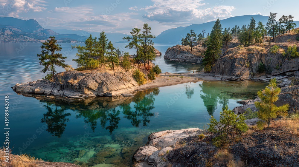Naklejka premium Scenic Lakefront Landscape with Rocky Outcrops and Evergreen Trees Under a Partly Cloudy Sky in Soft Morning Light