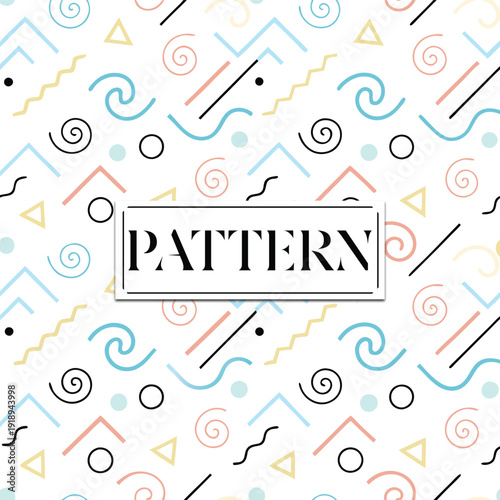 Multicolored abstract geometric pattern with swirls zigzags dots and triangles on white background