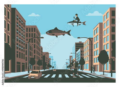 Flying Fish City - Surreal Vector Illustration